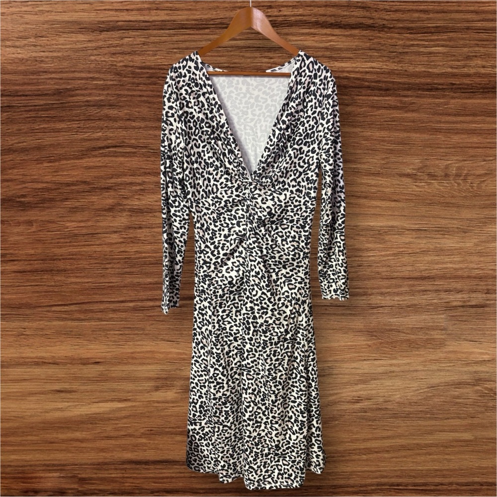 Black & White Leopard Print Twist Front Long Sleeve Dress